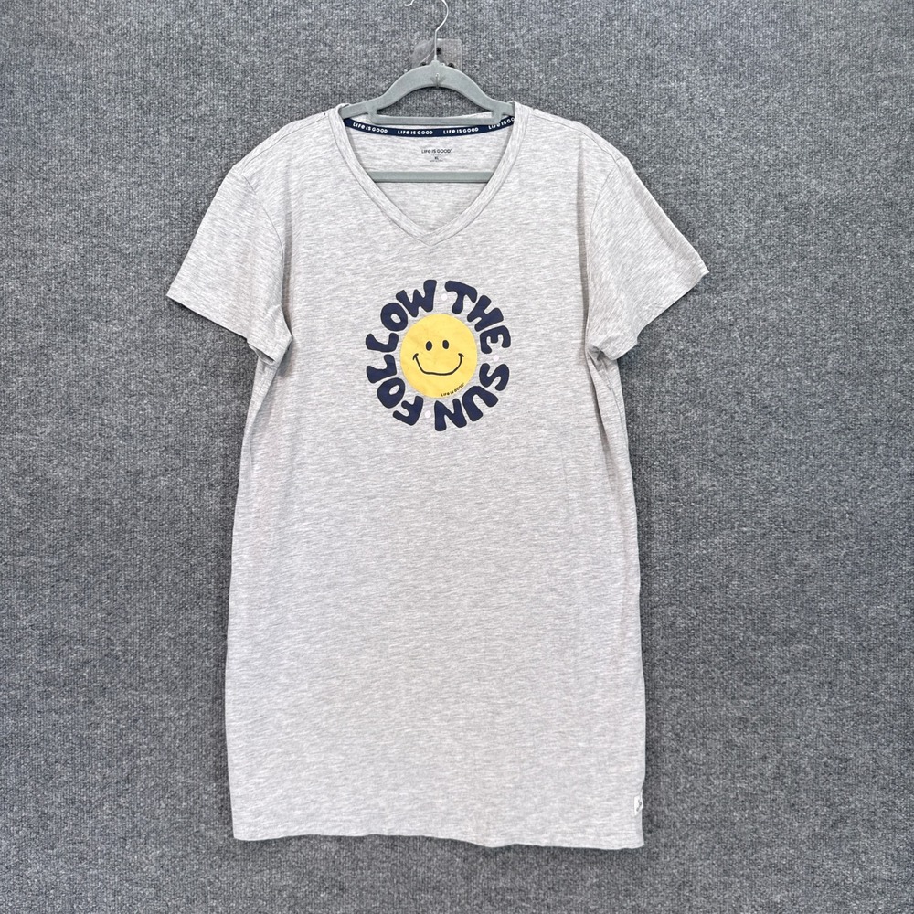 Life is Good Sleep Shirt Women XL Gray Follow The Sun Smiley Lounge Nightgown